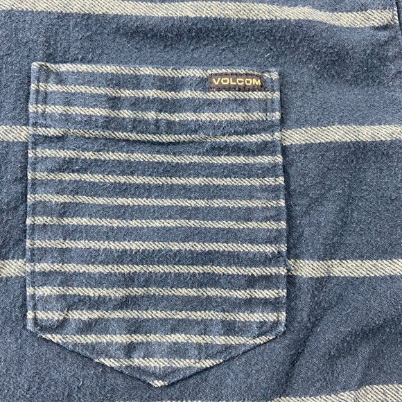 VOLCOM Shirt Men Large L Navy Blue Striped Heavy Cotton Slim Fit Button Up Polo - Picture 2 of 8